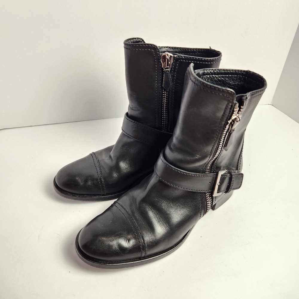 Miu Miu Rare‎ Double Zipper Logo Plate Moto Biker Boots Black Size 38.5